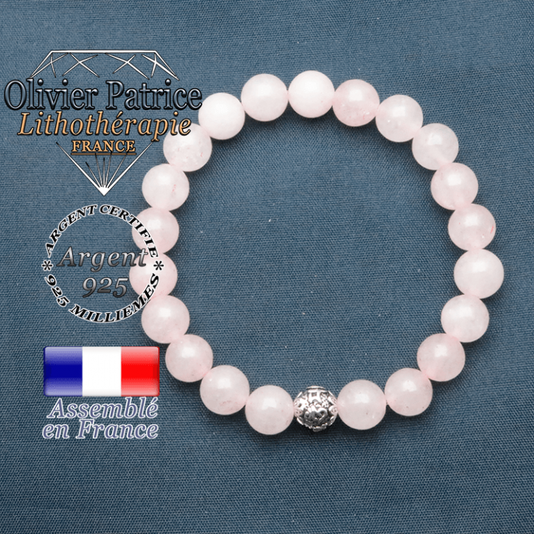 bracelet en pierre naturelle en quartz rose et sa boule de finition om mani en argent plaqué