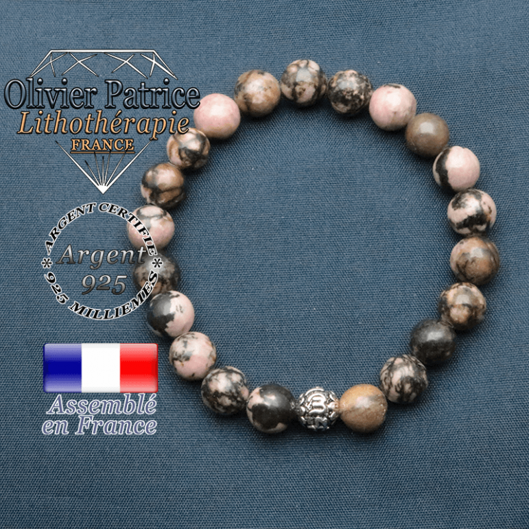 bracelet en pierre naturelle en rhodonite et sa boule de finition om mani en argent plaqué