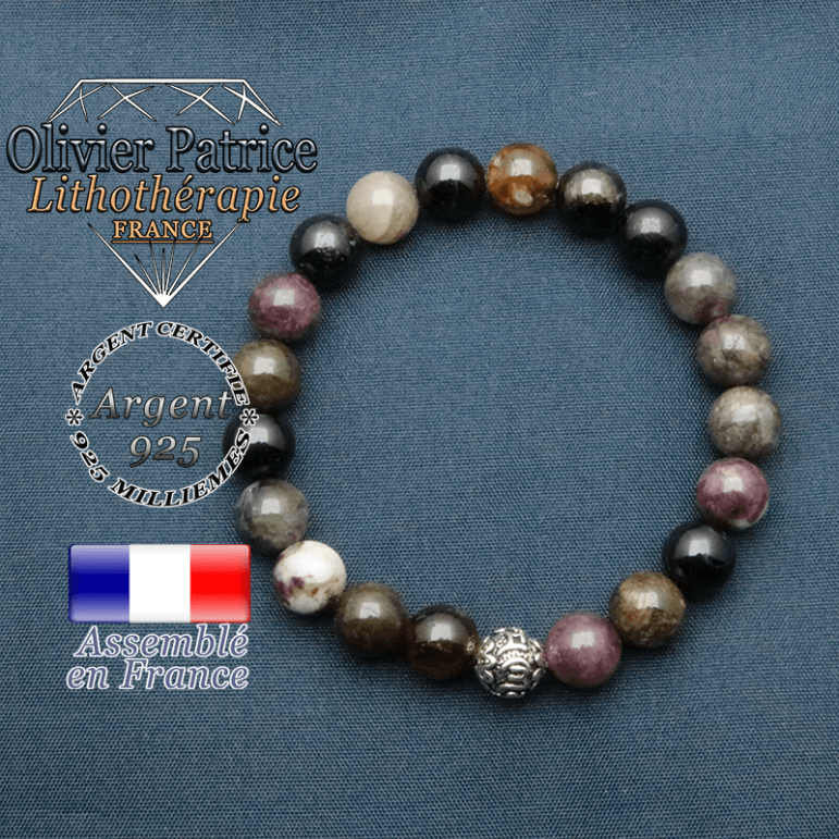 bracelet en pierre naturelle en tour maline elbaite et sa boule de finition om mani en argent plaqué
