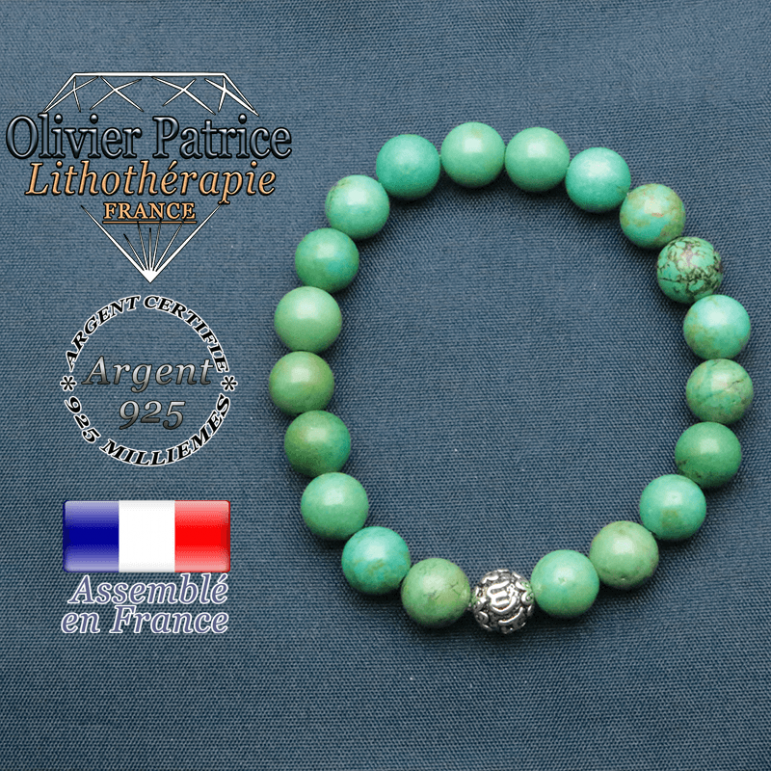 bracelet en pierre naturelle en turquoise du tibet et sa boule de finition om mani en argent plaqué