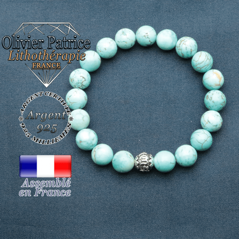 bracelet en pierre naturelle en turquoise et sa boule de finition om mani en argent plaqué