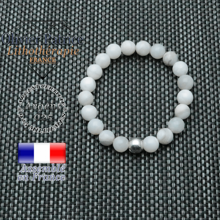 Bracelet agate grise et sa boules lisse en argent 925  de 8 mm