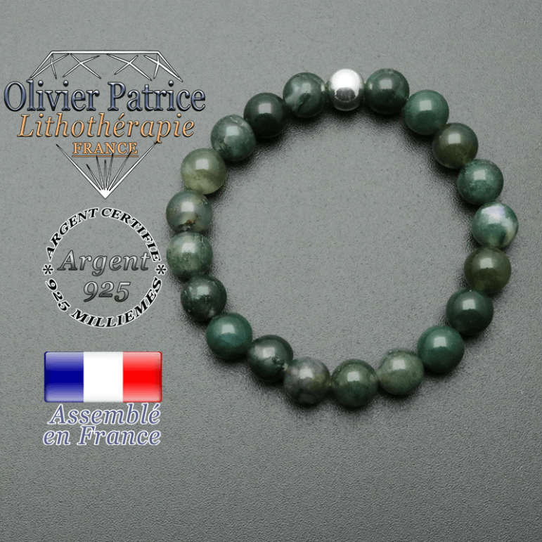 bracelet en pierre naturelle et sa finition boule lisse en argent 925 sa pierre est de l'agate mousse