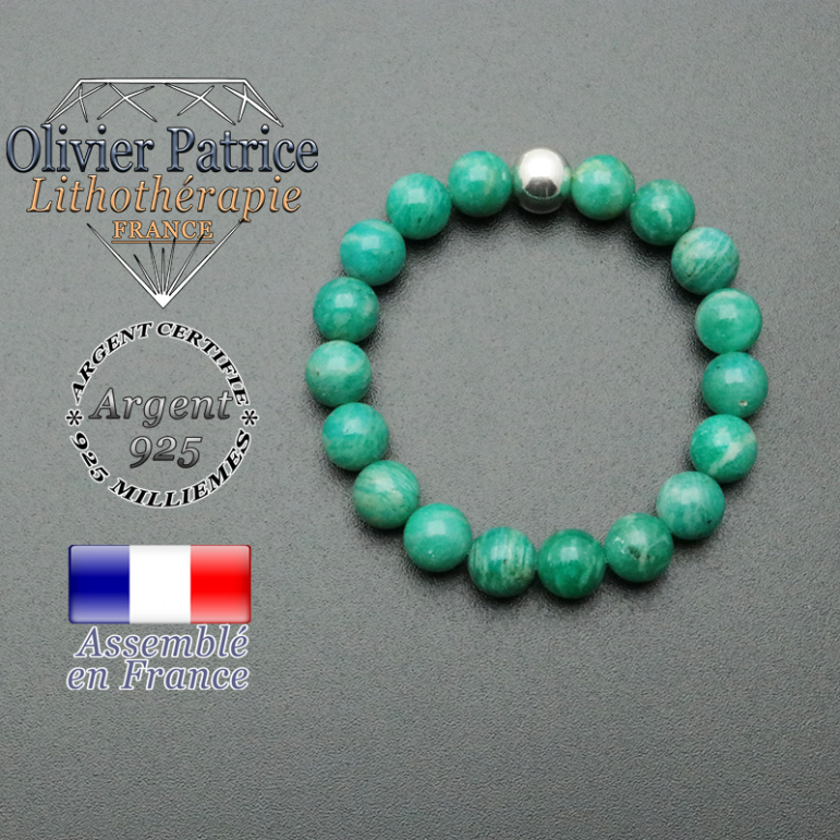 bracelet en pierre naturelle et sa finition boule lisse en argent 925 sa pierre est en amazonite de russie
