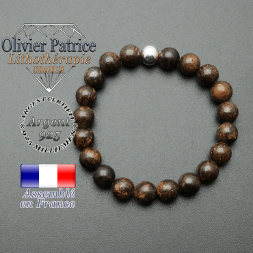 bracelet en pierre naturelle et sa finition boule lisse en argent 925 sa pierre est en bronzite