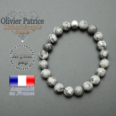 bracelet en pierre naturelle et sa finition boule lisse en argent 925 sa pierre est en jaspe gris crazy lace