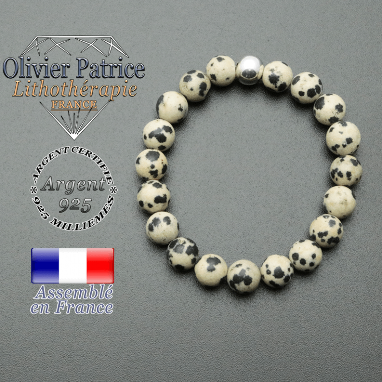 bracelet en pierre naturelle et sa finition boule lisse en argent 925 sa pierre est en jaspe dalmatien