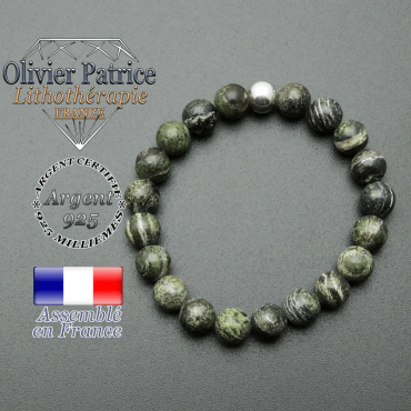 bracelet en pierre naturelle et sa finition boule lisse en argent 925 sa pierre est en jaspe verte zebre