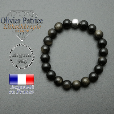 bracelet en pierre naturelle et sa finition boule lisse en argent 925 sa pierre est en obsidienne dore