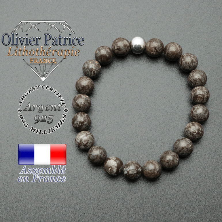 bracelet en pierre naturelle et sa finition boule lisse en argent 925 sa pierre est en obsidienne neige brune