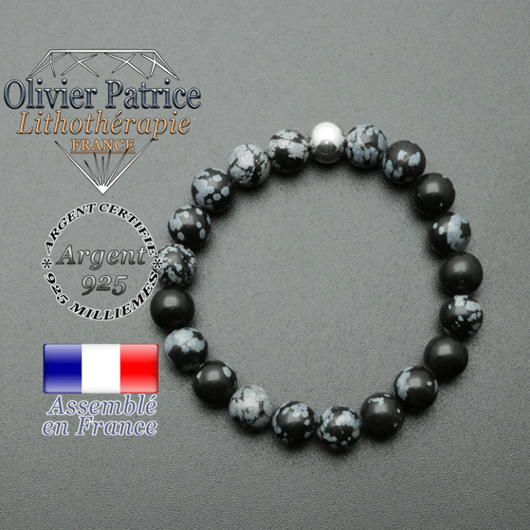bracelet en pierre naturelle et sa finition boule lisse en argent 925 sa pierre est en obsidienne neige