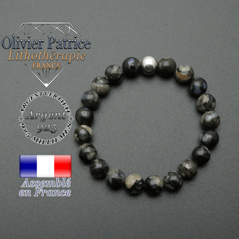 bracelet en pierre naturelle et sa finition boule lisse en argent 925 sa pierre est en opale grise