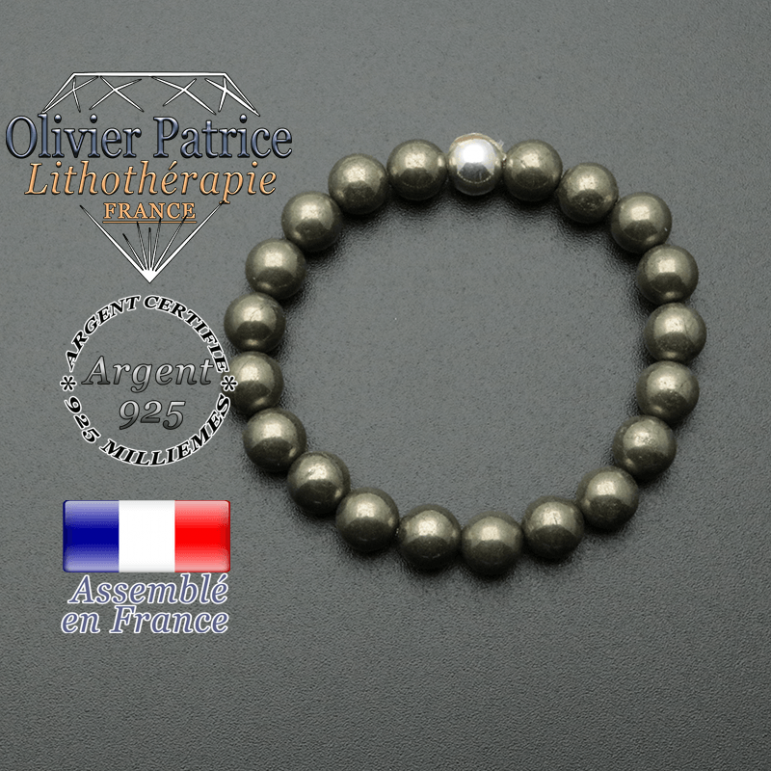 bracelet en pierre naturelle et sa finition boule lisse en argent 925 sa pierre est en pyrite
