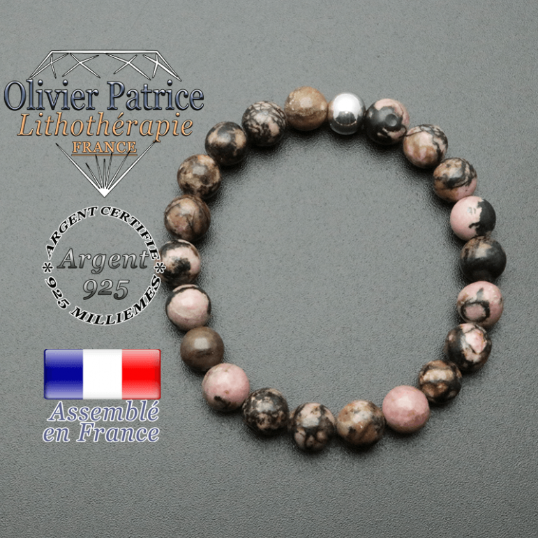 bracelet en pierre naturelle et sa finition boule lisse en argent 925 sa pierre est en rhodonite