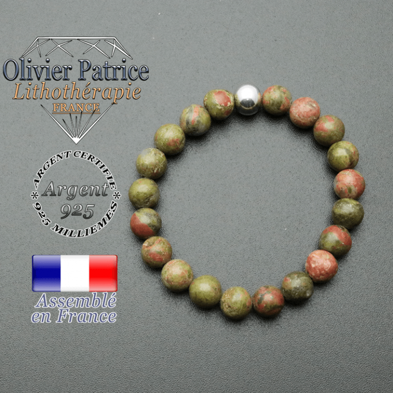bracelet en pierre naturelle et sa finition boule lisse en argent 925 sa pierre est en unakite