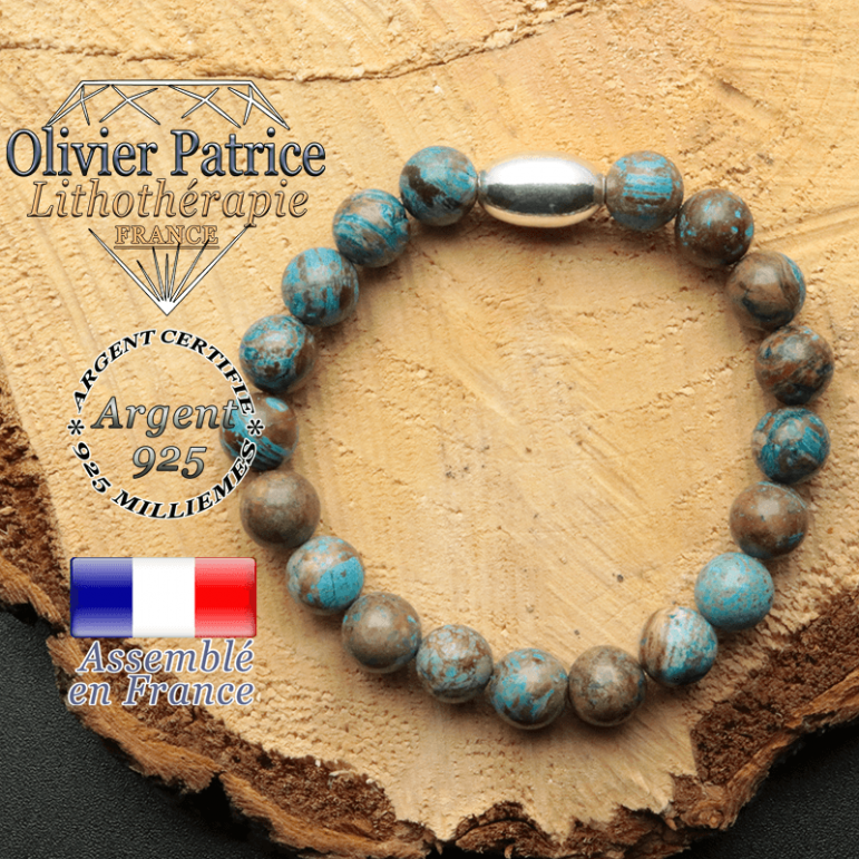 bracelet en pierre naturelle et son appret olive en argent 925 sa pierre est de l'agate bleue crazy lace