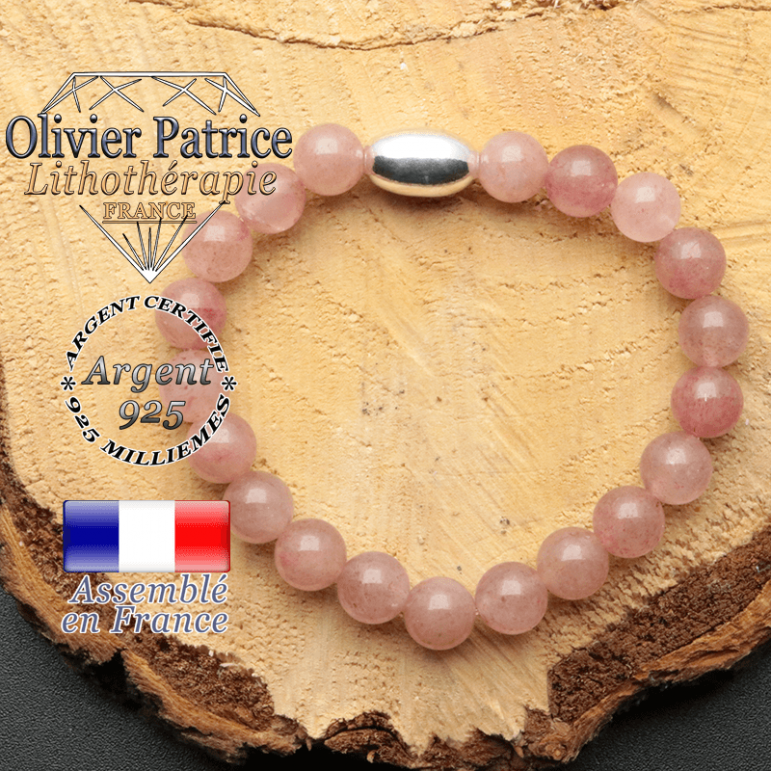 bracelet en pierre naturelle et son appret olive en argent 925 sa pierre est en quartz fraise ou lepidocrosite