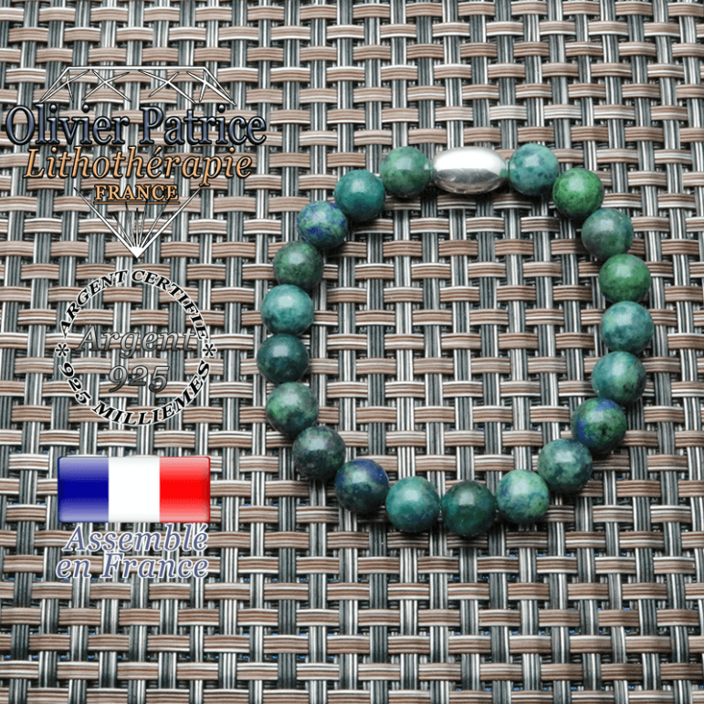 bracelet en pierre naturelle et son appret olive en argent 925 ; sa pierre est de l'azurite malachite