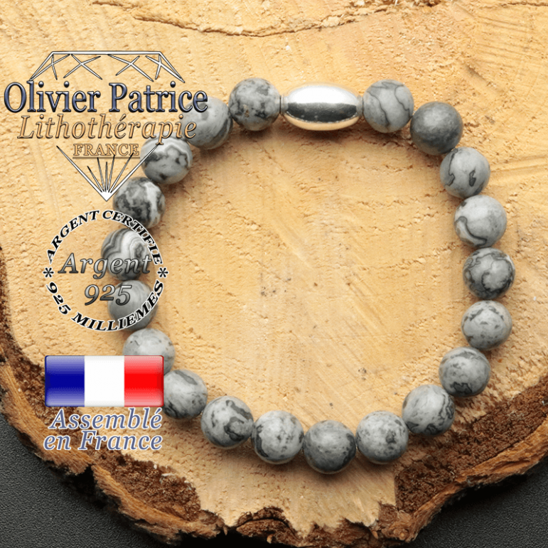 bracelet en pierre naturelle et son appret olive en argent 925 sa pierre est du jaspe gris crazy lace