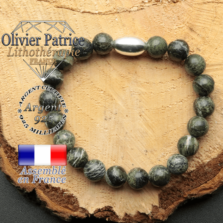 bracelet en pierre naturelle et son appret olive en argent 925 sa pierre est du jaspe vert zebre