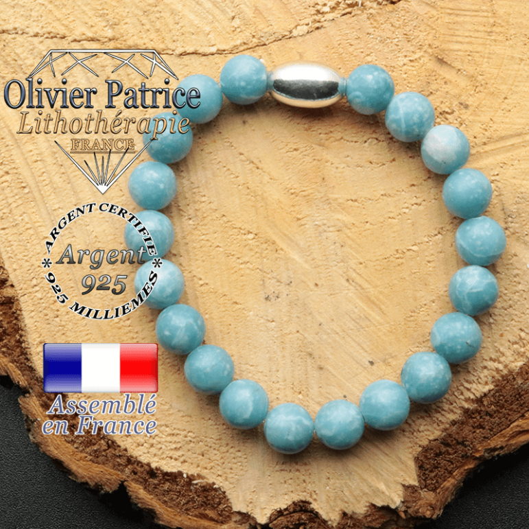 bracelet en pierre naturelle et son appret olive en argent 925 sa pierre est du larimar