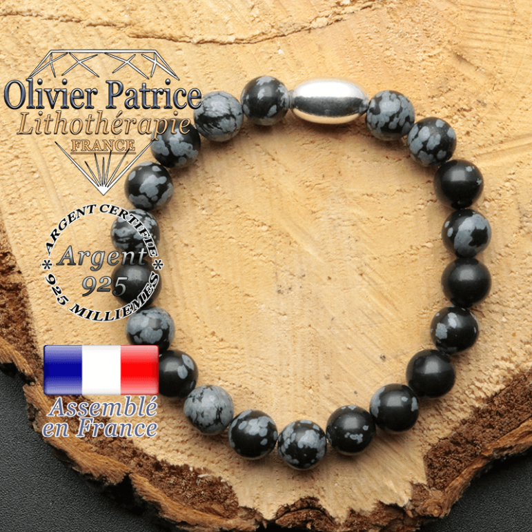 bracelet en pierre naturelle et son appret olive en argent 925 sa pierre est de l'obsidienne neige