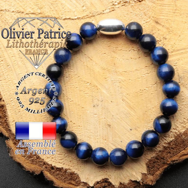 bracelet en pierre naturelle et son appret olive en argent 925 sa pierre est de l'oeil de tigre bleue teinte