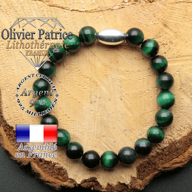 bracelet en pierre naturelle et son appret olive en argent 925 sa pierre est de l'oeil de tigre verte teinte