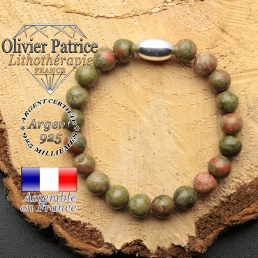bracelet en pierre naturelle et son appret olive en argent 925 sa pierre est de l'unakite