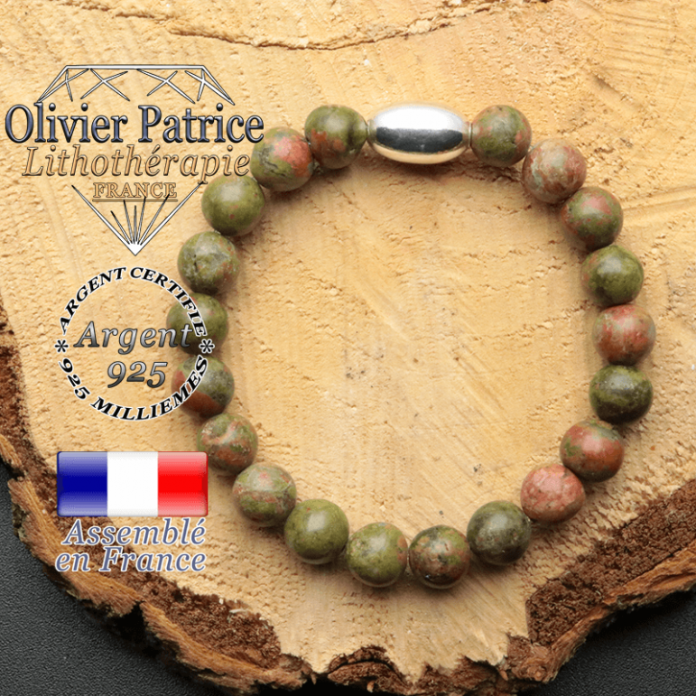 bracelet en pierre naturelle et son appret olive en argent 925 sa pierre est de l'unakite