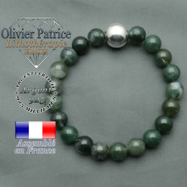bracelet boule lisse de 12mm en argent 925 en agate mousse