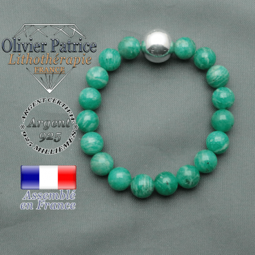 bracelet boule lisse de 12mm en argent 925 en amazonite de russie