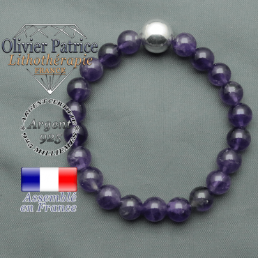 bracelet boule lisse de 12mm en argent 925 en amtehyste