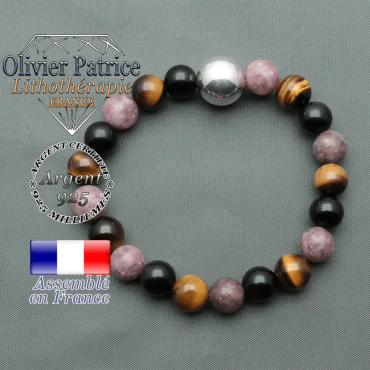 bracelet boule lisse de 12mm en argent 925 en protection femme obsidienne oeil de tigre et lepidolite