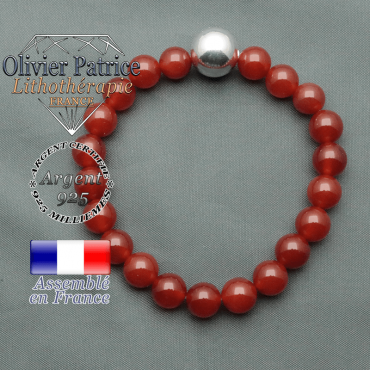 bracelet boule lisse de 12mm en argent 925 en cornaline
