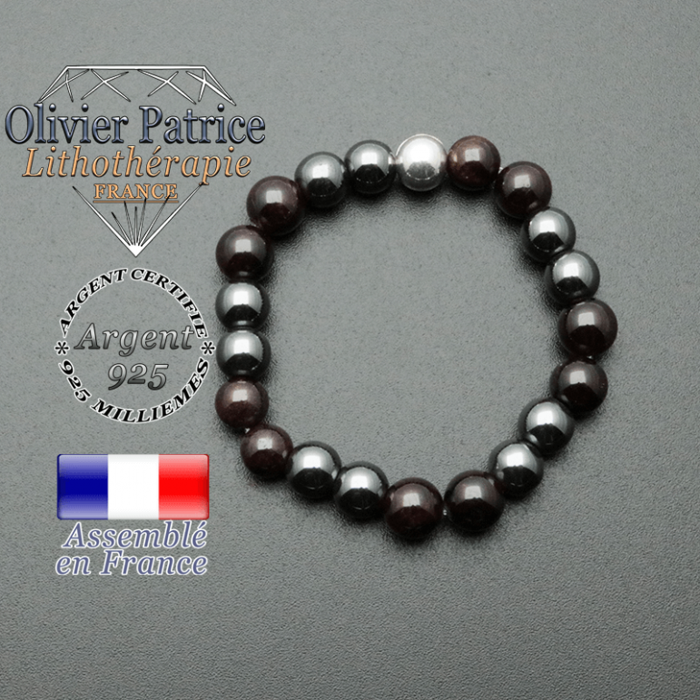 bracelet boule lisse de 8mm en argent 925 en grenat et hematite