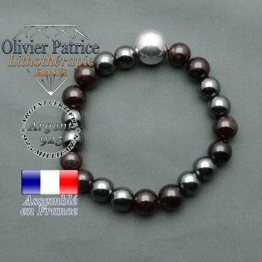 bracelet boule lisse de 12mm en argent 925 en grenat et hematite