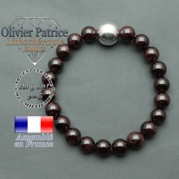 bracelet boule lisse de 12mm en argent 925 en grenat