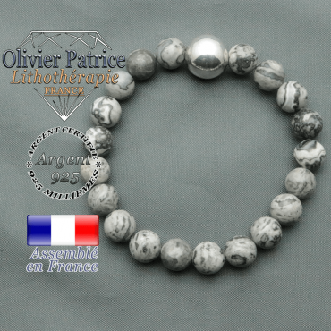 bracelet boule lisse de 12mm en argent 925 en jaspe gris crazy lace