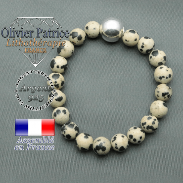 bracelet boule lisse de 12mm en argent 925 en jaspe dalmatien