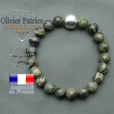 bracelet boule lisse de 12mm en argent 925 en jaspe vert zebre