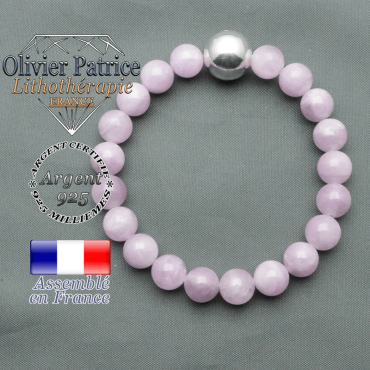 bracelet boule lisse de 12mm en argent 925 en kunzite