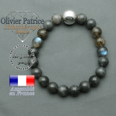 bracelet boule lisse de 10mm en argent 925 en labradorite