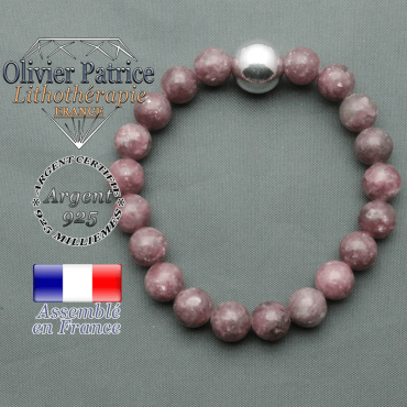 bracelet boule lisse de 12mm en argent 925 en lepidolite