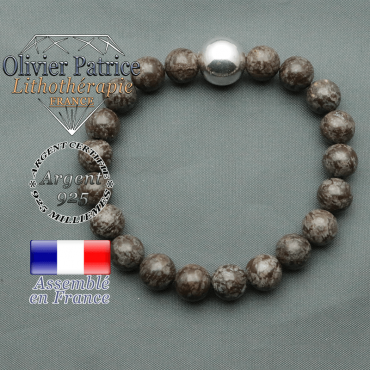 bracelet boule lisse de 12mm en argent 925 en obsidienne neige brune