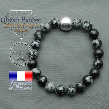 bracelet boule lisse de 12mm en argent 925 en obsidienne neige
