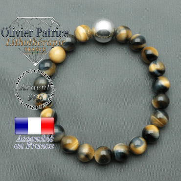 bracelet boule lisse de 12mm en argent 925 en oeil de faucon