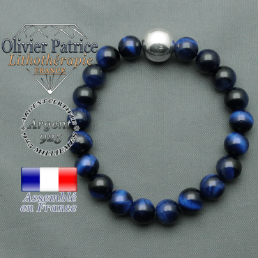 bracelet boule lisse de 12mm en argent 925 en oeil de tigre bleue teinte