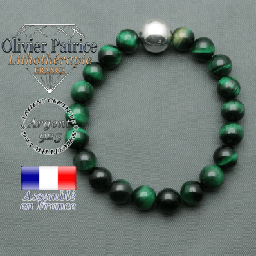 bracelet boule lisse de 12mm en argent 925 en oeil de tigre verte teinte