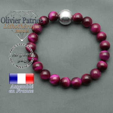 bracelet boule lisse de 12mm en argent 925 en oeil de tigre violette tente